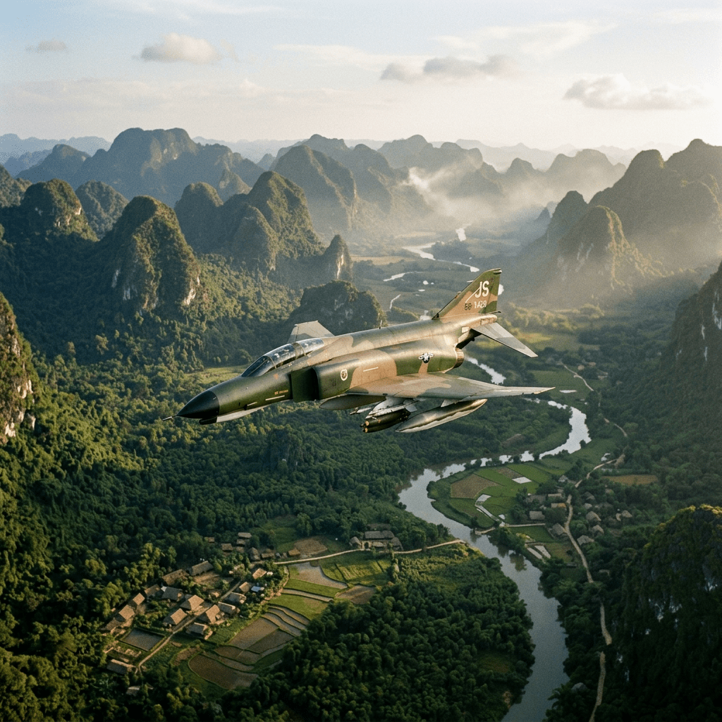Military jet flying over mountains and a river in a green valley